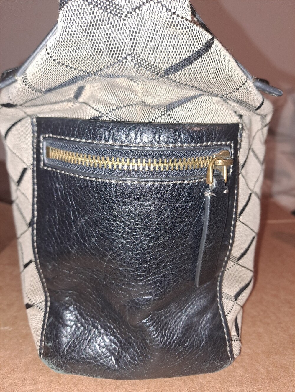 Fossil Beige and Black Diamond-Pattern Tote - Picture 4 of 6
